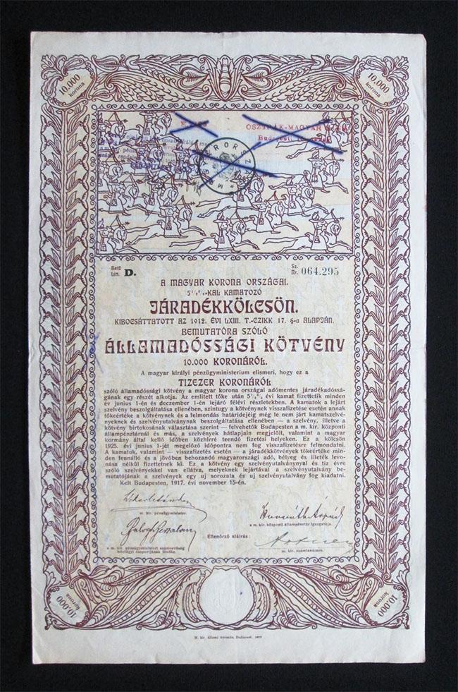Államadóssági kötvény járadékkölcsön 10000 korona 1917 nov 5,5%